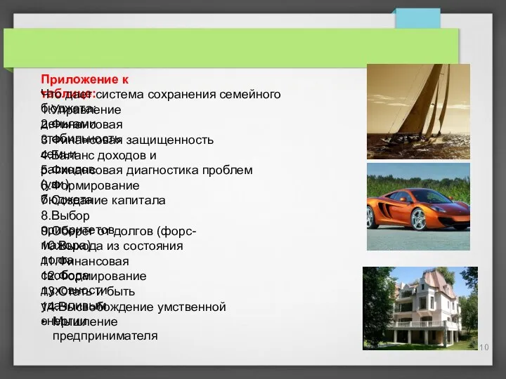 Приложение к таблице: Что дает система сохранения семейного бюджета: 1.Управление деньгами