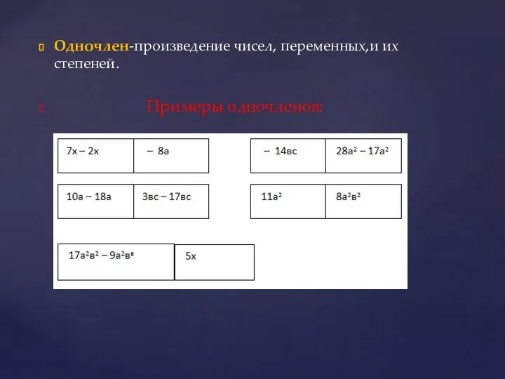 Одночлен-произведение чисел, переменных,и их степеней. Примеры одночленов: