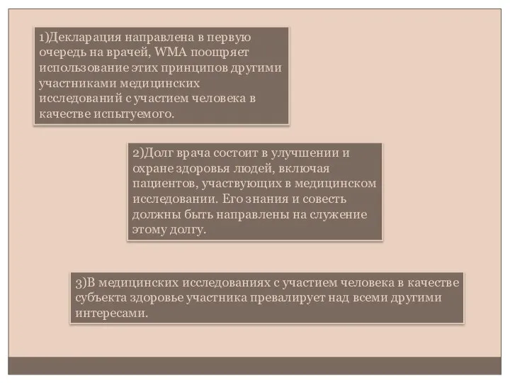 1)Декларация направлена в первую очередь на врачей, WMA поощряет использование этих