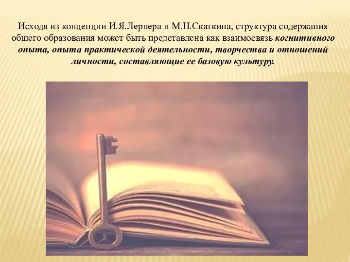 Исходя из концепции И.Я.Лернера и М.Н.Скаткина, структура содержания общего образования может