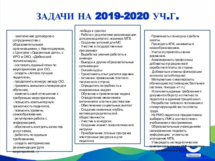 ЗАДАЧИ НА 2019-2020 УЧ.Г. - заключение договоров о сотрудничестве с образовательными