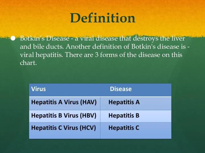 Definition Botkin’s Disease - a viral disease that destroys the liver