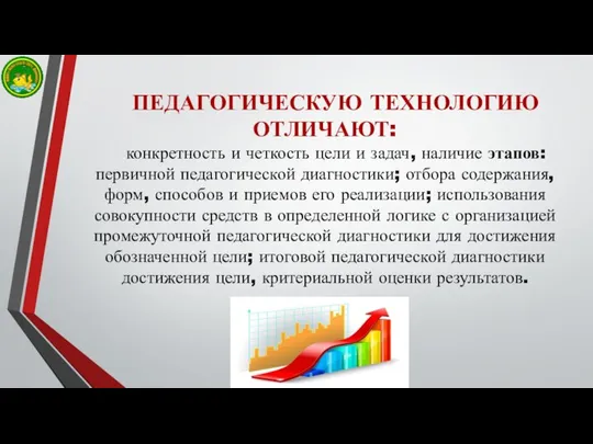 ПЕДАГОГИЧЕСКУЮ ТЕХНОЛОГИЮ ОТЛИЧАЮТ: конкретность и четкость цели и задач, наличие этапов: