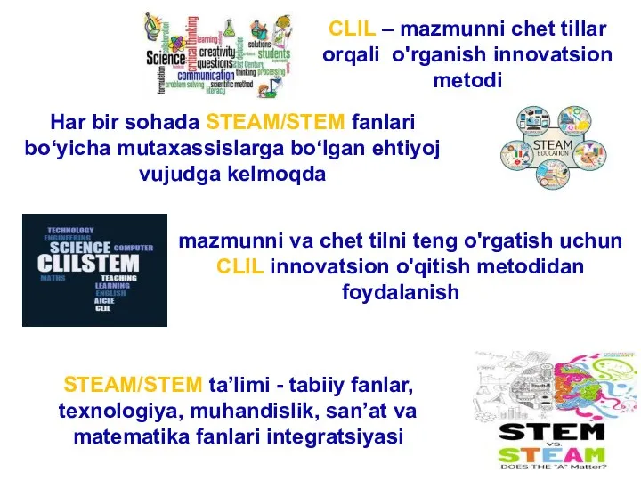 CLIL – mazmunni chet tillar orqali o'rganish innovatsion metodi STEAM/STEM ta’limi