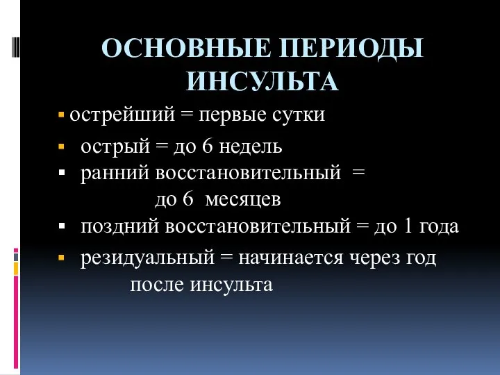 ОСНОВНЫЕ ПЕРИОДЫ ИНСУЛЬТА острейший = первые сутки острый = до 6