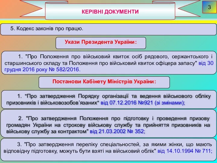 КЕРІВНІ ДОКУМЕНТИ 3 1. "Про затвердження Порядку організації та ведення військового