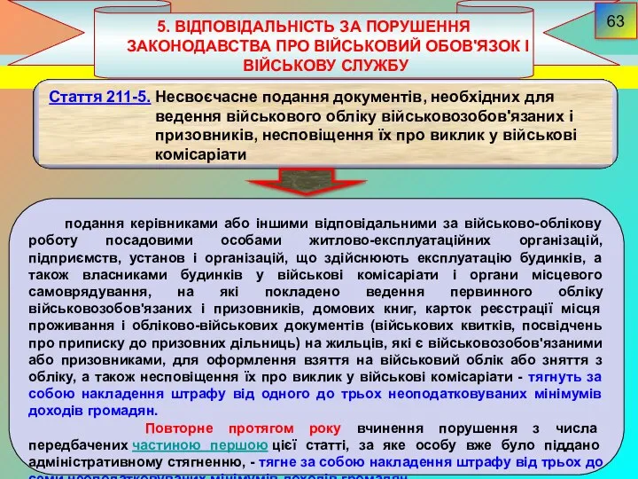 5. ВІДПОВІДАЛЬНІСТЬ ЗА ПОРУШЕННЯ ЗАКОНОДАВСТВА ПРО ВІЙСЬКОВИЙ ОБОВ'ЯЗОК І ВІЙСЬКОВУ СЛУЖБУ