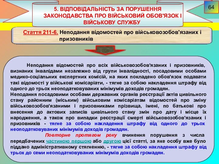 5. ВІДПОВІДАЛЬНІСТЬ ЗА ПОРУШЕННЯ ЗАКОНОДАВСТВА ПРО ВІЙСЬКОВИЙ ОБОВ'ЯЗОК І ВІЙСЬКОВУ СЛУЖБУ