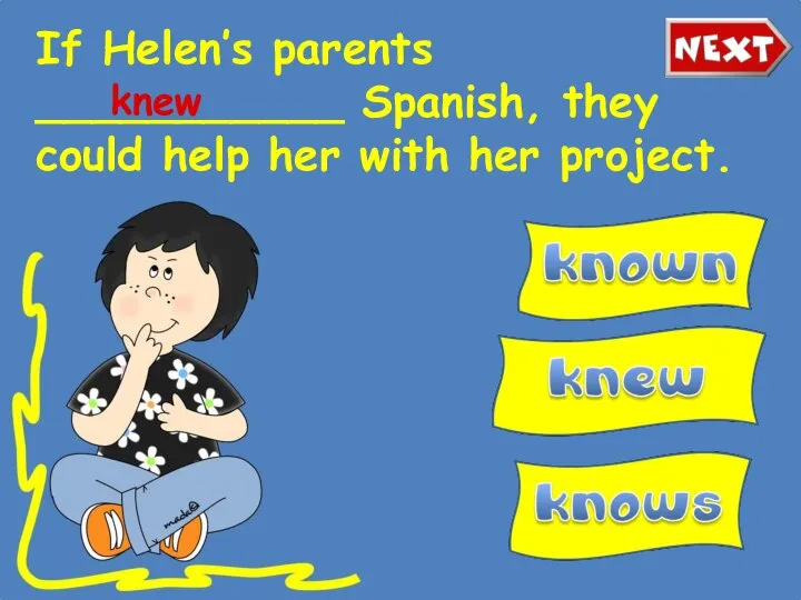 If Helen’s parents ___________ Spanish, they could help her with her project. knew