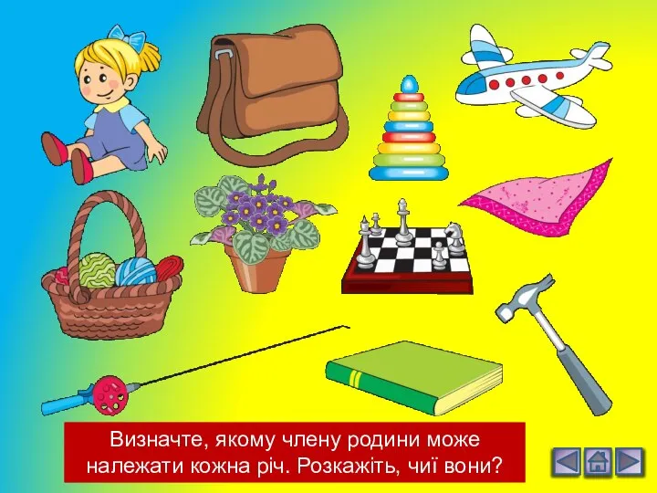 Визначте, якому члену родини може належати кожна річ. Розкажіть, чиї вони?