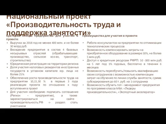 Национальный проект «Производительность труда и поддержка занятости» Критерии отбора предприятий для