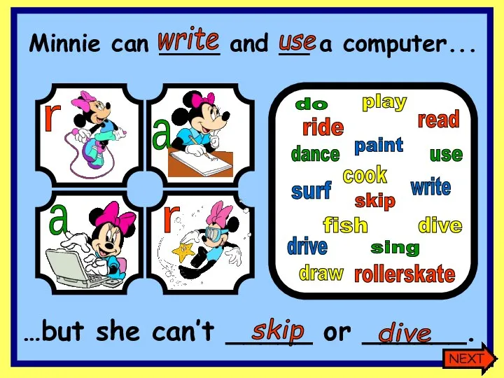 write dance cook surf read rollerskate sing dive write skip paint