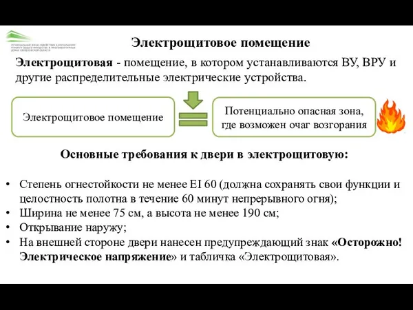 Электрощитовое помещение Электрощитовая - помещение, в котором устанавливаются ВУ, ВРУ и