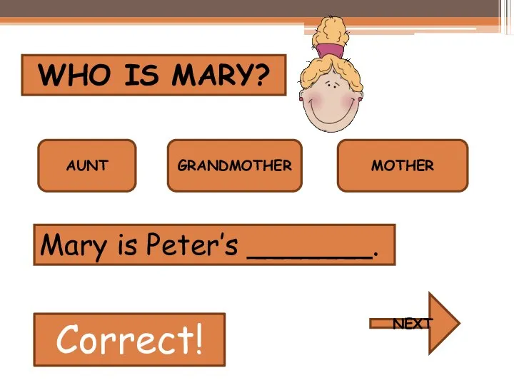 WHO IS MARY? AUNT GRANDMOTHER MOTHER Correct! Mary is Peter’s _______. NEXT