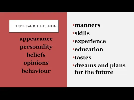 PEOPLE CAN BE DIFFERENT IN: manners skills experience education tastes dreams