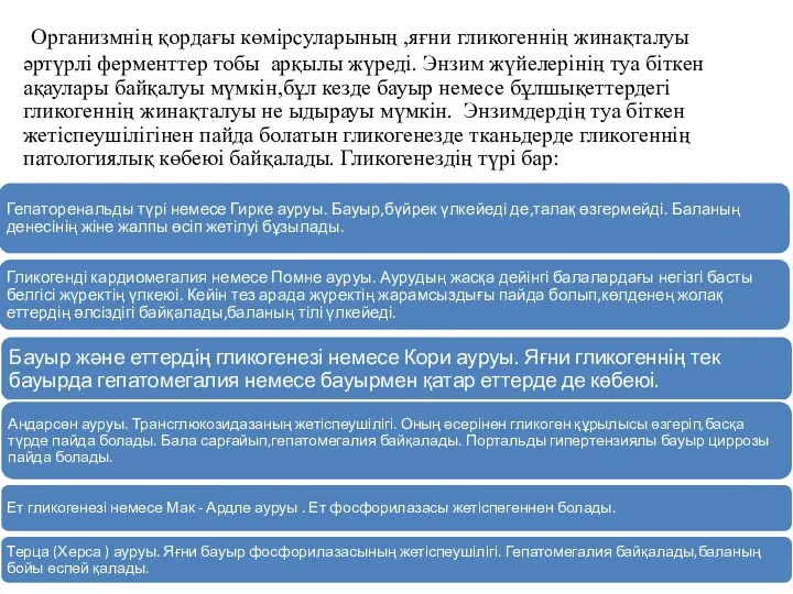 Организмнің қордағы көмірсуларының ,яғни гликогеннің жинақталуы әртүрлі ферменттер тобы арқылы жүреді.