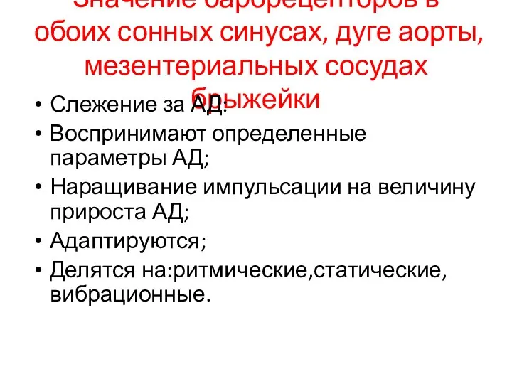 Значение барорецепторов в обоих сонных синусах, дуге аорты, мезентериальных сосудах брыжейки