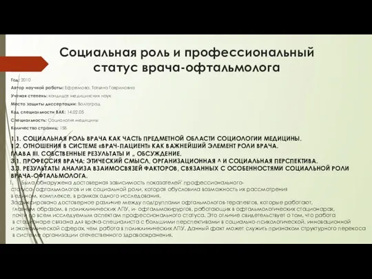 Социальная роль и профессиональный статус врача-офтальмолога Год: 2010 Автор научной работы: