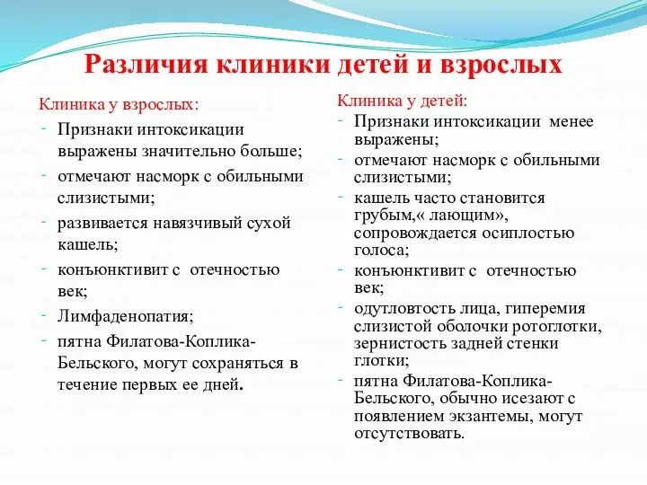 Различия клиники детей и взрослых Клиника у взрослых: Признаки интоксикации выражены