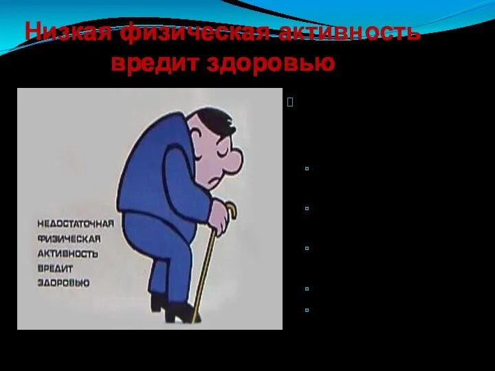 Низкая физическая активность вредит здоровью Низкая ФА на 15-20% увеличивает риск