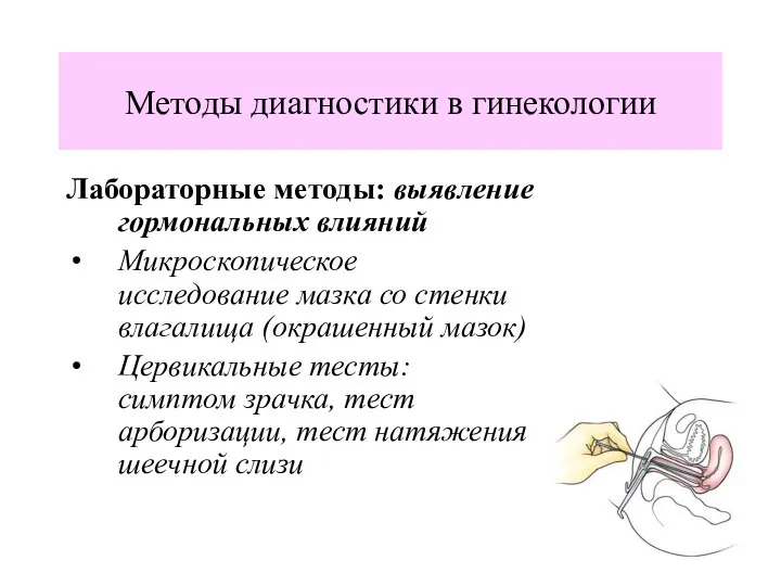 Методы диагностики в гинекологии Лабораторные методы: выявление гормональных влияний Микроскопическое исследование