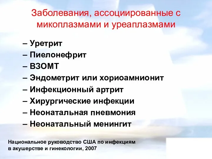 Заболевания, ассоциированные с микоплазмами и уреаплазмами Уретрит Пиелонефрит ВЗОМТ Эндометрит или