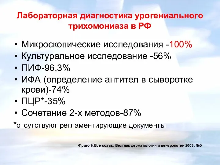 Лабораторная диагностика урогениального трихомониаза в РФ Микроскопические исследования -100% Культуральное исследование