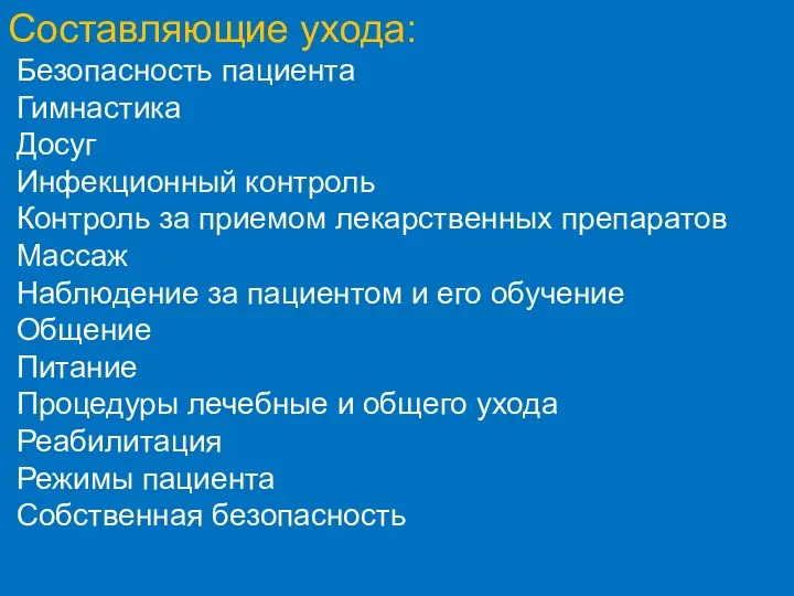 Составляющие ухода: Безопасность пациента Гимнастика Досуг Инфекционный контроль Контроль за приемом