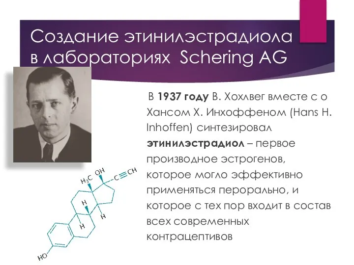 Создание этинилэстрадиола в лабораториях Schering AG В 1937 году В. Хохлвег