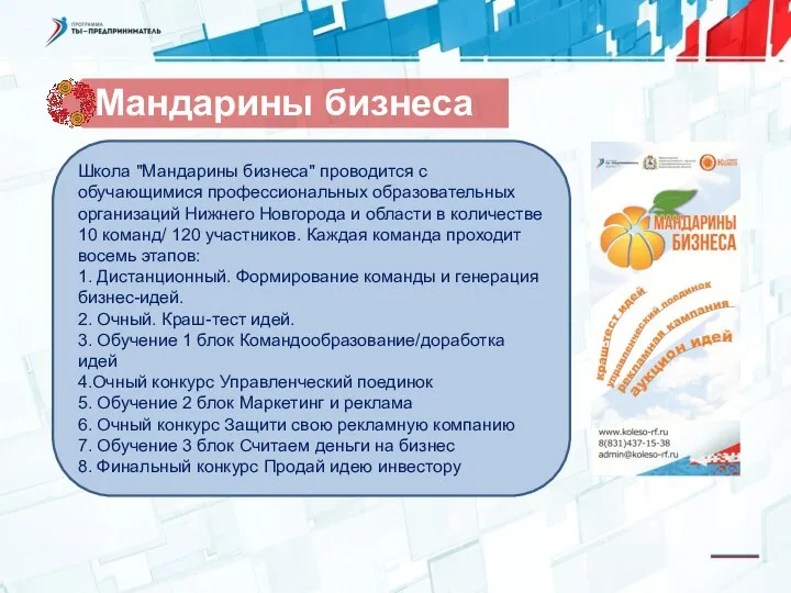 Школа "Мандарины бизнеса" проводится с обучающимися профессиональных образовательных организаций Нижнего Новгорода