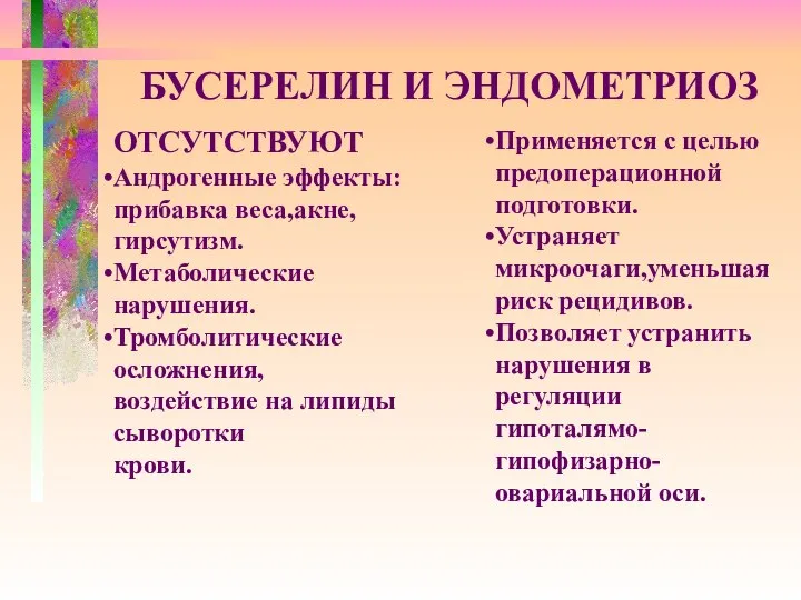 БУСЕРЕЛИН И ЭНДОМЕТРИОЗ ОТСУТСТВУЮТ Андрогенные эффекты: прибавка веса,акне, гирсутизм. Метаболические нарушения.