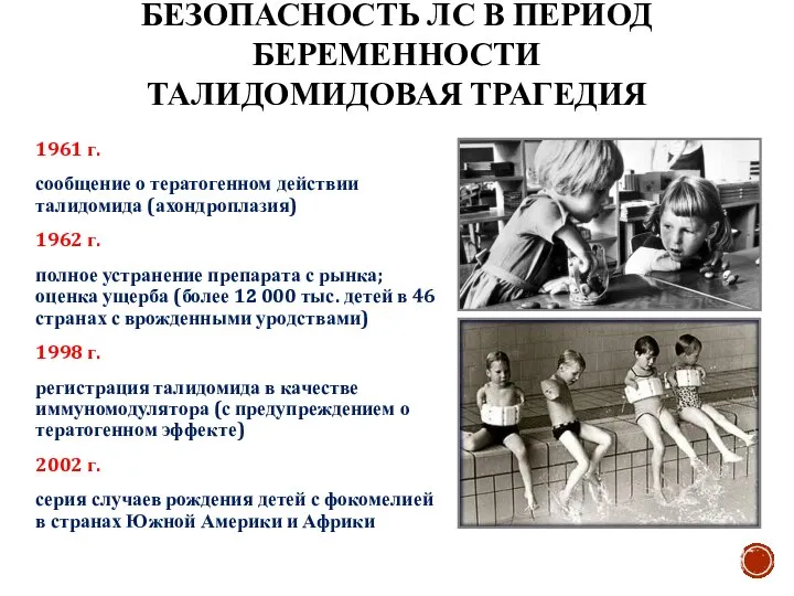 1961 г. сообщение о тератогенном действии талидомида (ахондроплазия) 1962 г. полное