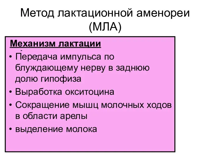 Метод лактационной аменореи (МЛА) Механизм лактации Передача импульса по блуждающему нерву