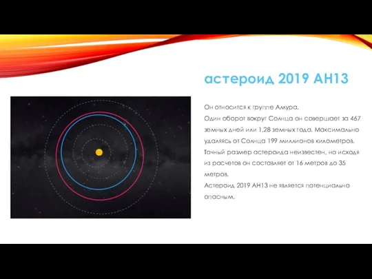 астероид 2019 AH13 Он относится к группе Амура. Один оборот вокруг