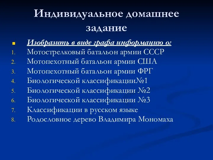 Индивидуальное домашнее задание Изобразить в виде графа информацию о: Мотострелковый батальон