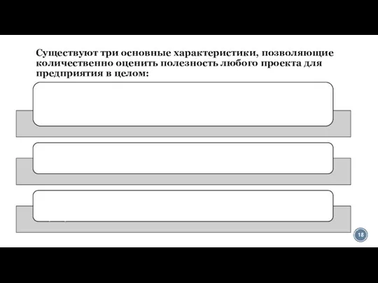 Существуют три основные характеристики, позволяющие количественно оценить полезность любого проекта для предприятия в целом: