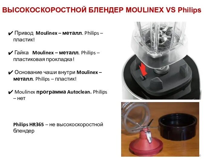 ВЫСОКОСКОРОСТНОЙ БЛЕНДЕР MOULINEX VS Philips Привод Moulinex – металл. Philips –