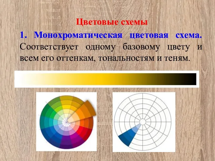 Цветовые схемы 1. Монохроматическая цветовая схема. Соответствует одному базовому цвету и