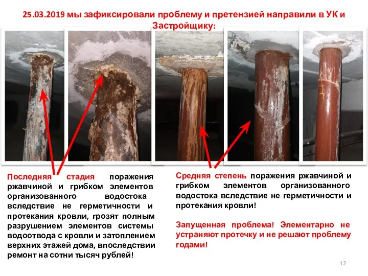 Последняя стадия поражения ржавчиной и грибком элементов организованного водостока вследствие не