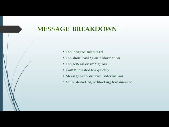 MESSAGE BREAKDOWN Too long to understand Too short leaving out information