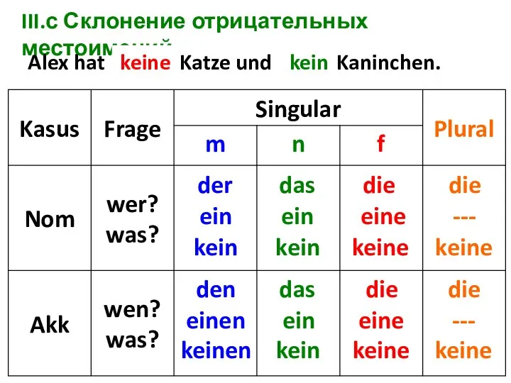 III.с Склонение отрицательных местоимений Alex hat ... Katze und ... Kaninchen.