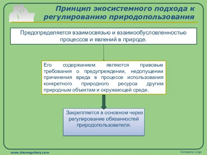 Принцип экосистемного подхода к регулированию природопользования Предопределяется взаимосвязью и взаимообусловленностью процессов