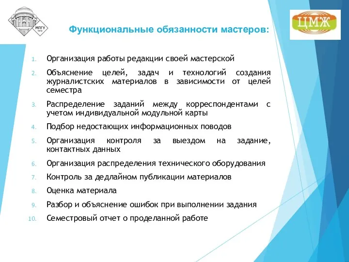 Функциональные обязанности мастеров: Организация работы редакции своей мастерской Объяснение целей, задач