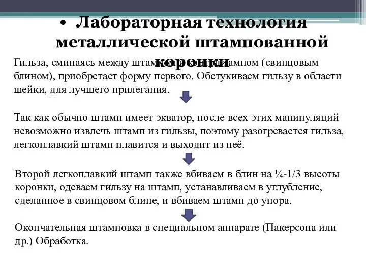 Лабораторная технология металлической штампованной коронки Гильза, сминаясь между штампом и контрштампом