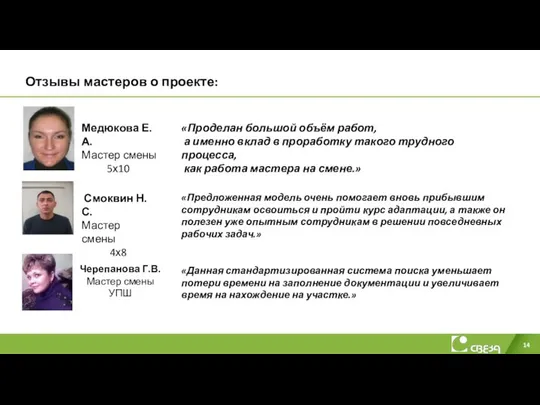 Отзывы мастеров о проекте: Медюкова Е.А. Мастер смены 5х10 Смоквин Н.С.