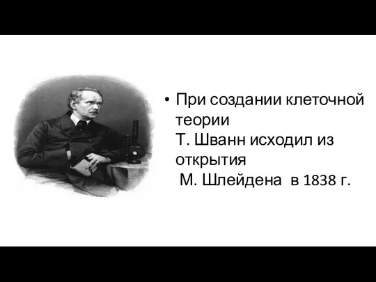 При создании клеточной теории Т. Шванн исходил из открытия М. Шлейдена в 1838 г.