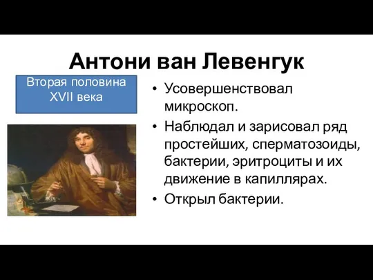 Антони ван Левенгук Усовершенствовал микроскоп. Наблюдал и зарисовал ряд простейших, сперматозоиды,