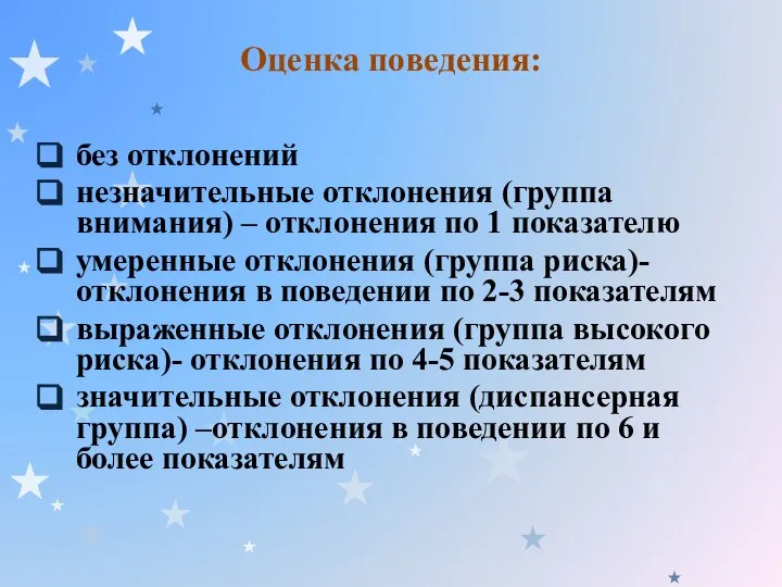 Оценка поведения: без отклонений незначительные отклонения (группа внимания) – отклонения по