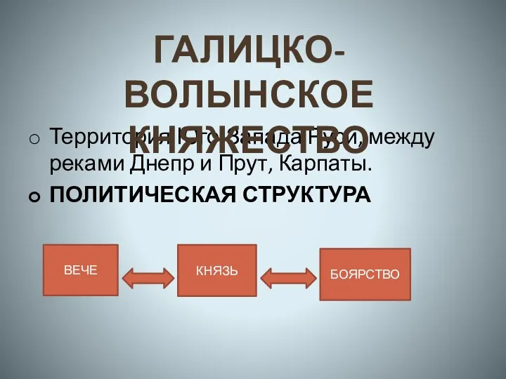 Территория Юго-Запада Руси, между реками Днепр и Прут, Карпаты. ПОЛИТИЧЕСКАЯ СТРУКТУРА ГАЛИЦКО-ВОЛЫНСКОЕ КНЯЖЕСТВО ВЕЧЕ КНЯЗЬ БОЯРСТВО