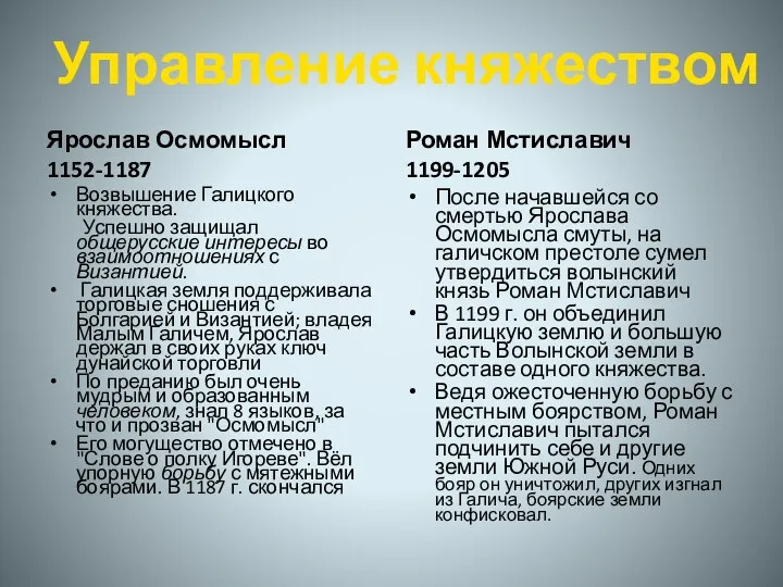 Ярослав Осмомысл 1152-1187 Возвышение Галицкого княжества. Успешно защищал общерусские интересы во